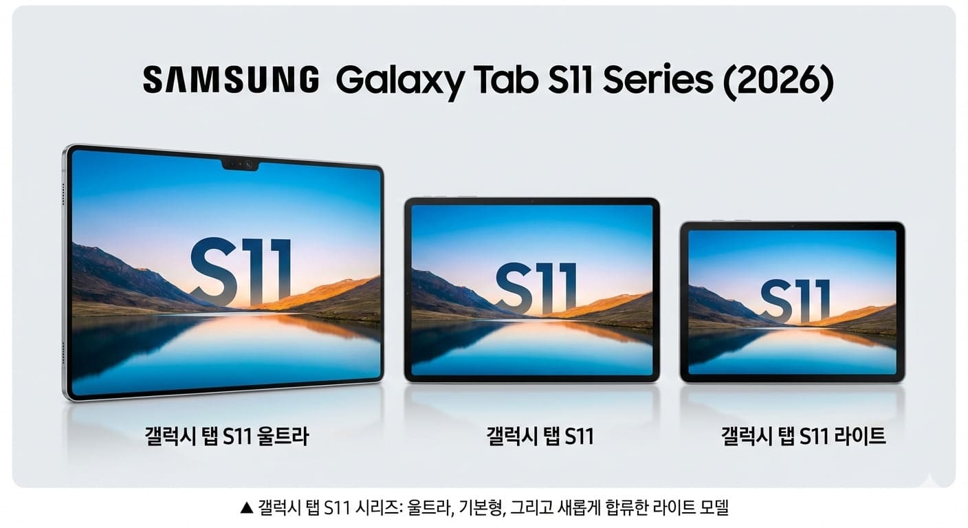 삼성 갤럭시 탭 S11 울트라, 기본형, 라이트 모델의 전면 디자인과 크기 차이를 보여주는 라인업 비교 이미지