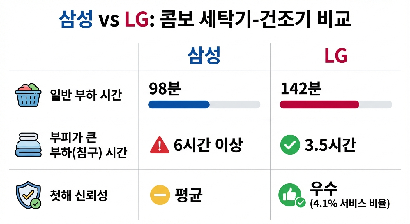 삼성과 LG 세탁건조기 콤보의 성능 및 신뢰성 비교 인포그래픽