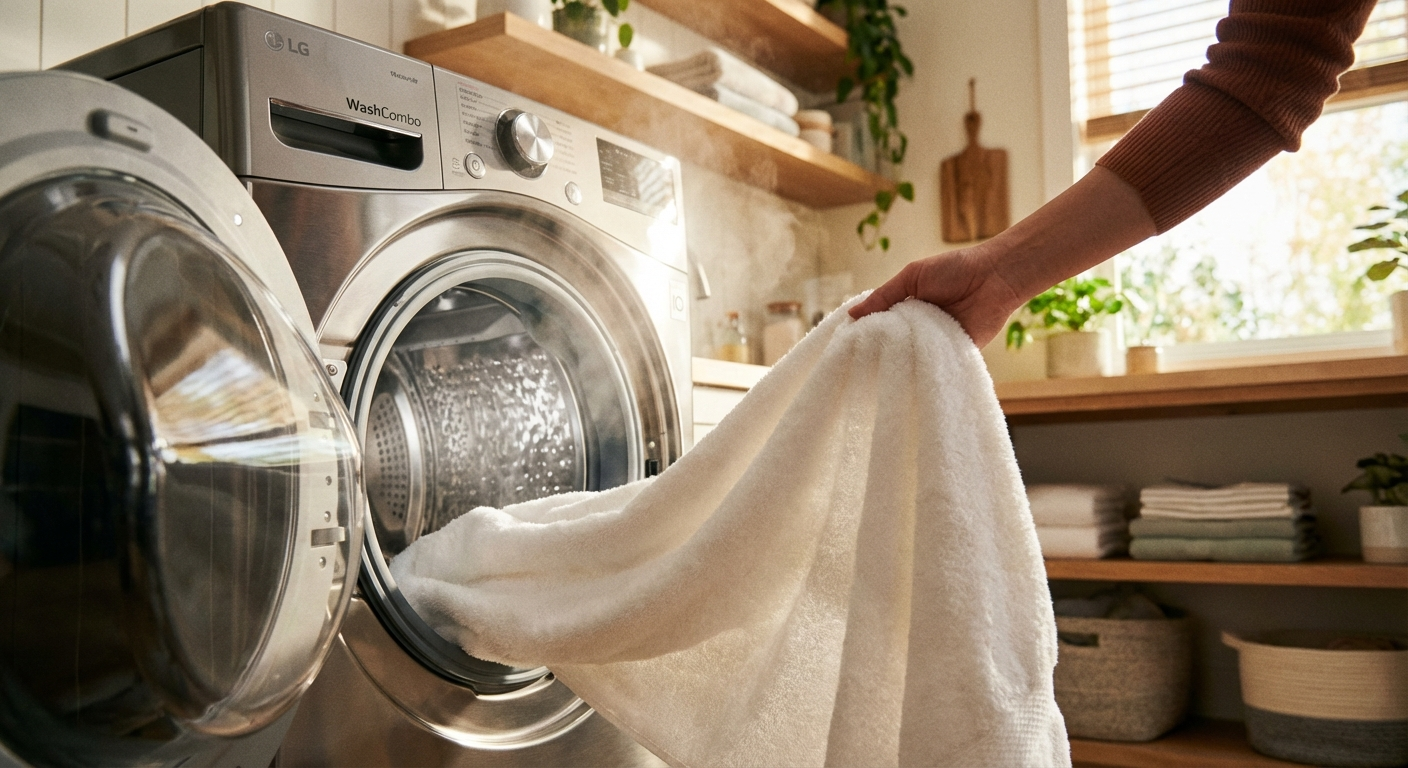 LG 워시콤보에서 신선하고 마른 수건을 꺼내는 사람