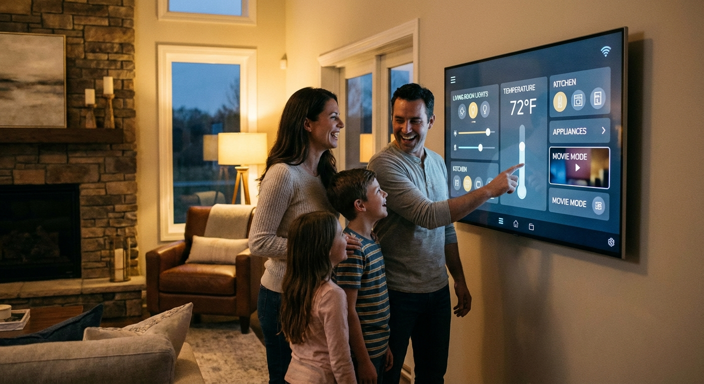 대형 스마트홈 허브 디스플레이를 제어하는 가족