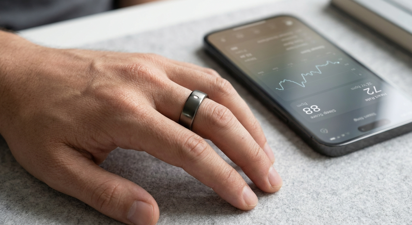 손가락에 착용된 티타늄 소재의 스마트링 클로즈업