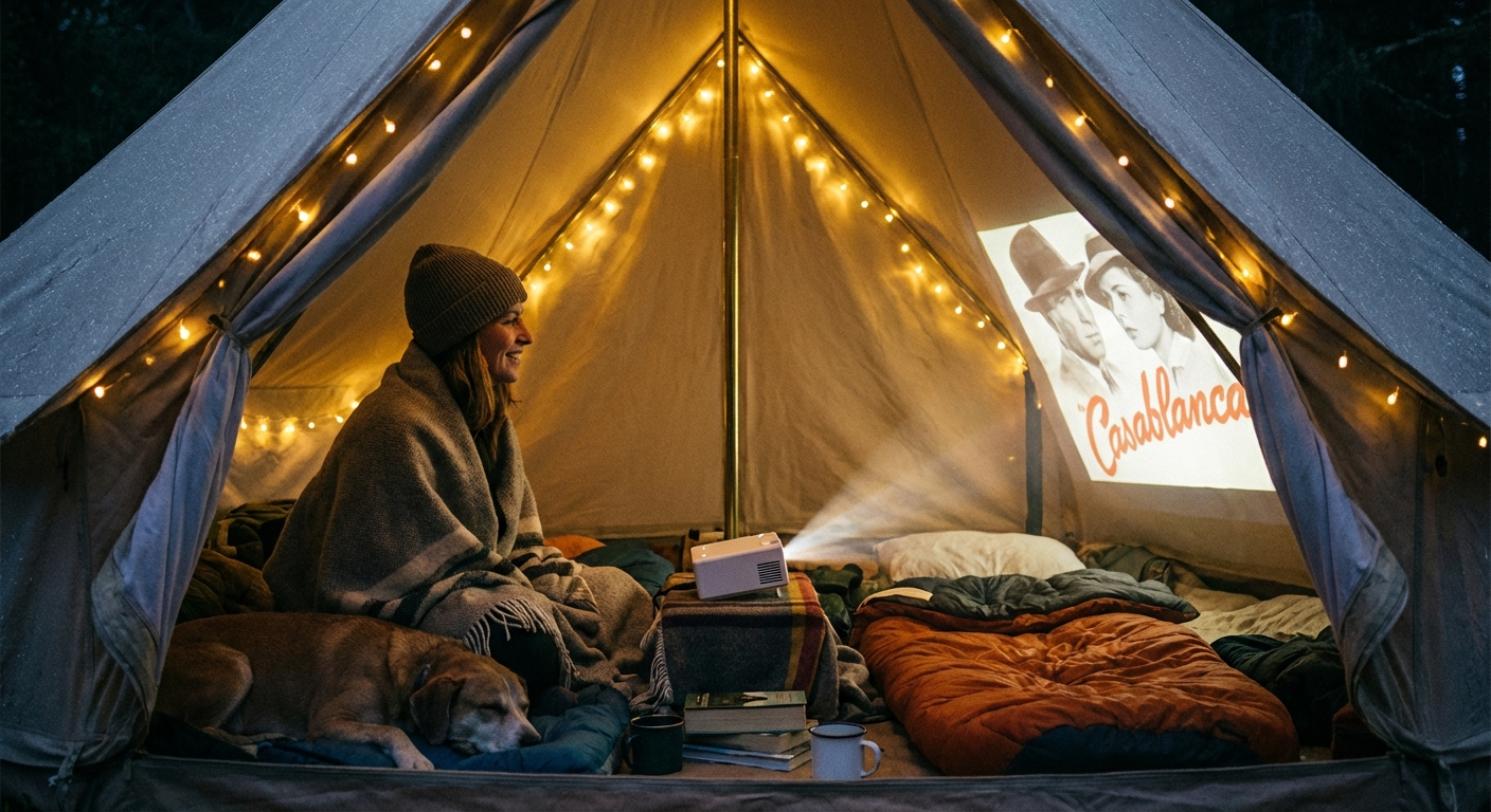 캠핑장 텐트 안에서 포터블 스크린으로 영화를 보는 사람