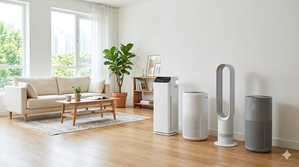 2026 공기청정기 추천 TOP 5 - 거실에 다양한 공기청정기가 나란히 놓인 모습