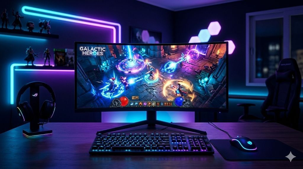 2026 게이밍 모니터 추천 - RGB 조명이 빛나는 게이밍 룸에서 커브드 모니터에 게임 화면이 표시된 모습