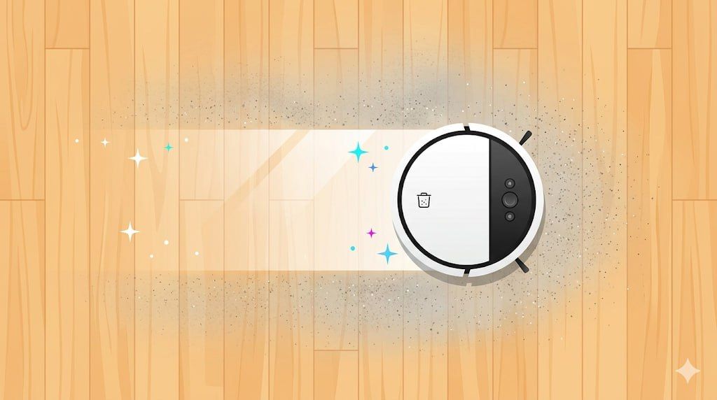 2026 로봇청소기 추천 - 원목 마루 위 로봇청소기가 깨끗하게 청소하는 모습