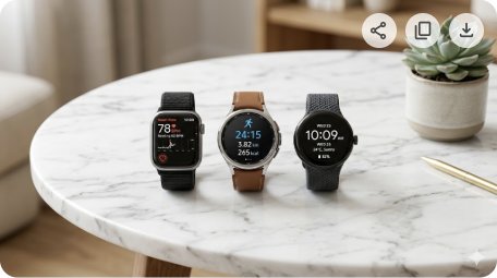 2026 스마트워치 추천 - 대리석 위 스마트워치 3개에 심박수와 운동 화면이 표시된 모습