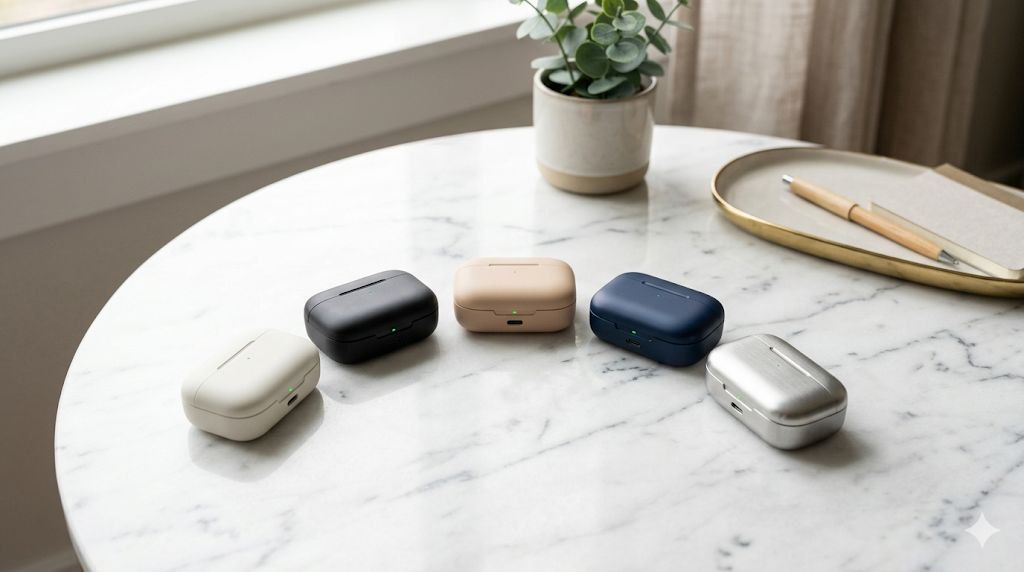 2026 무선 이어폰 추천 BEST 5 - 대리석 테이블 위 다양한 색상의 이어폰 케이스 5개