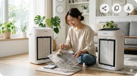 블로그 대표 이미지. 공기청정기 필터를 꺼내서 청소하는 모습. 밝은 인테리어. 가로 16:9.