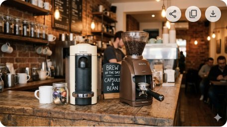 블로그 대표 이미지. 카페 카운터 위에 캡슐 커피머신과 원두 그라인더가 나란히 놓인 모습. 따뜻한 갈색 톤. 가로 16:9.
