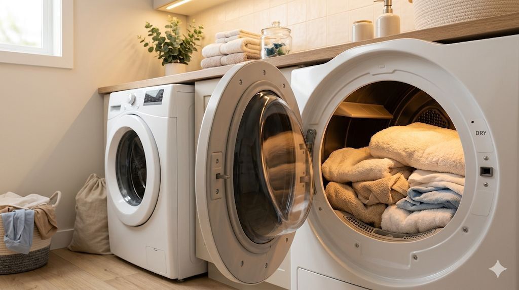 2026 건조기 추천 - 세탁실에서 건조가 완료된 뽀송한 수건이 담긴 건조기