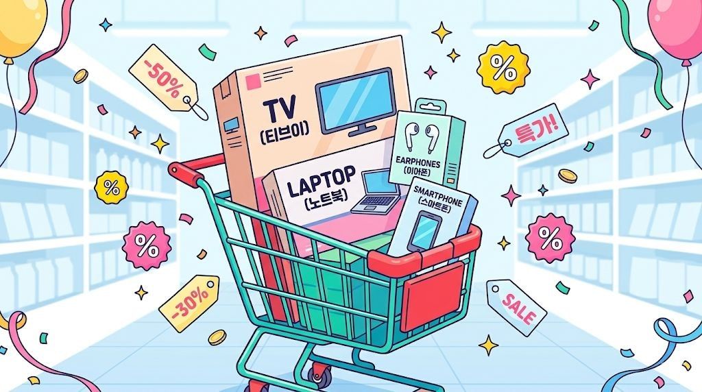 전자제품 할인 시기 총정리 - 쇼핑카트에 TV 노트북 이어폰 스마트폰이 담긴 일러스트