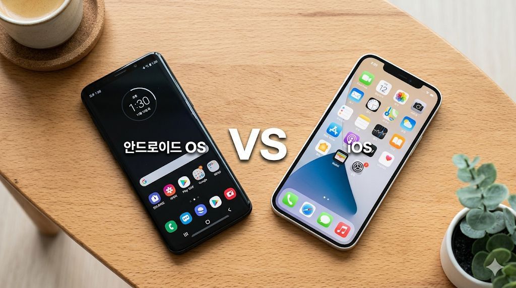 갤럭시 S25 vs 아이폰 16 비교 - 나무 테이블 위 안드로이드 OS와 iOS 스마트폰