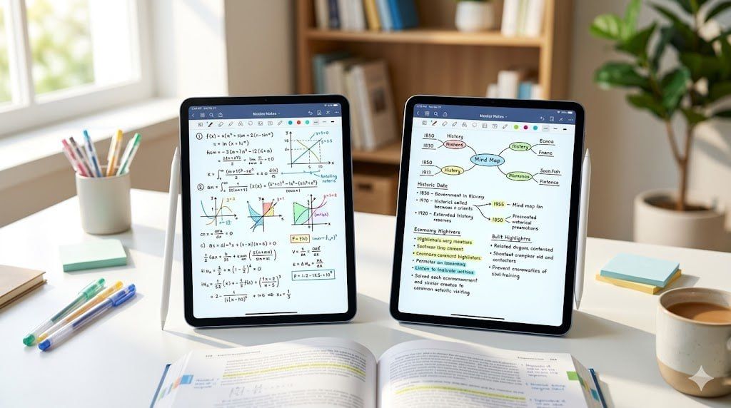 아이패드 vs 갤럭시탭 비교 - 책상 위 태블릿 두 대에 필기 노트가 표시된 모습