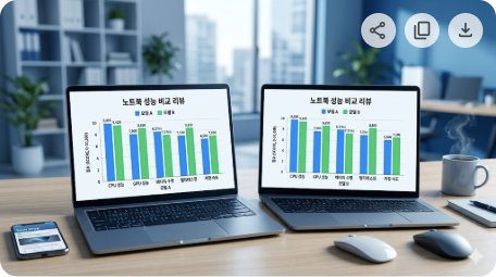 블로그 대표 이미지. 노트북 두 대가 나란히 있고 화면에 성능 비교 그래프. 블루톤. 가로 16:9.