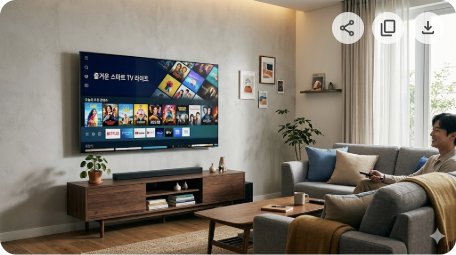 블로그 대표 이미지. 거실 벽에 대형 스마트TV가 걸려있고 화면에 밝은 콘텐츠가 표시된 모습. 가로 16:9.